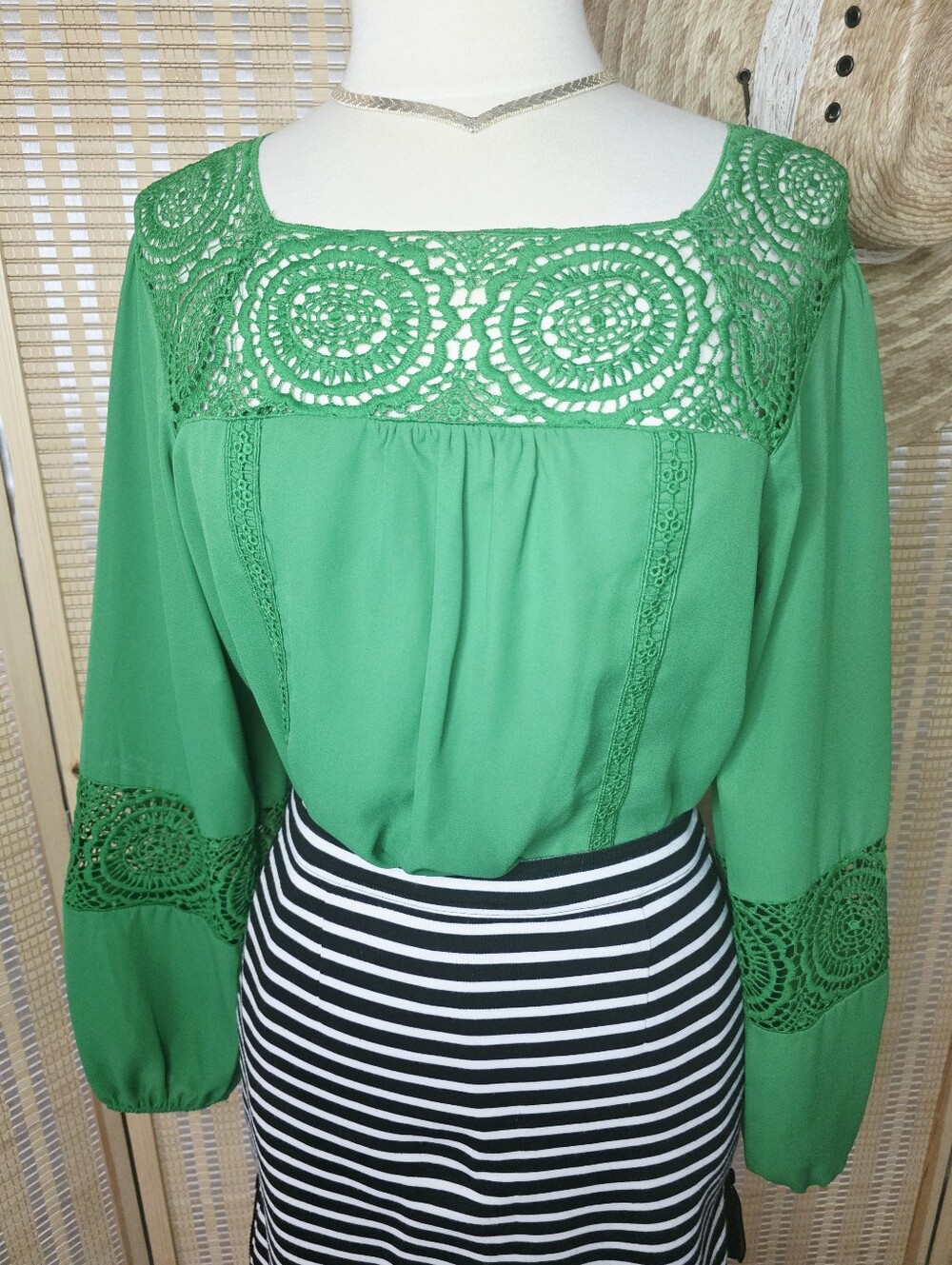 Emerald Green Lacey Long Poet Sleeve Blouse with Lace Details on the Shoulders